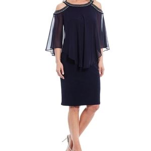Alex Evenings Navy Blue Cold Shoulder Evening Dress Beaded Popover Chiff…